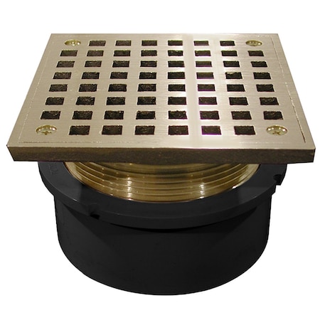 Jones Stephens 4in. PVC Hub Fit Drain Base with 3-1/2in. Metal Spud and 5in. Polished Brass Strainer D53064